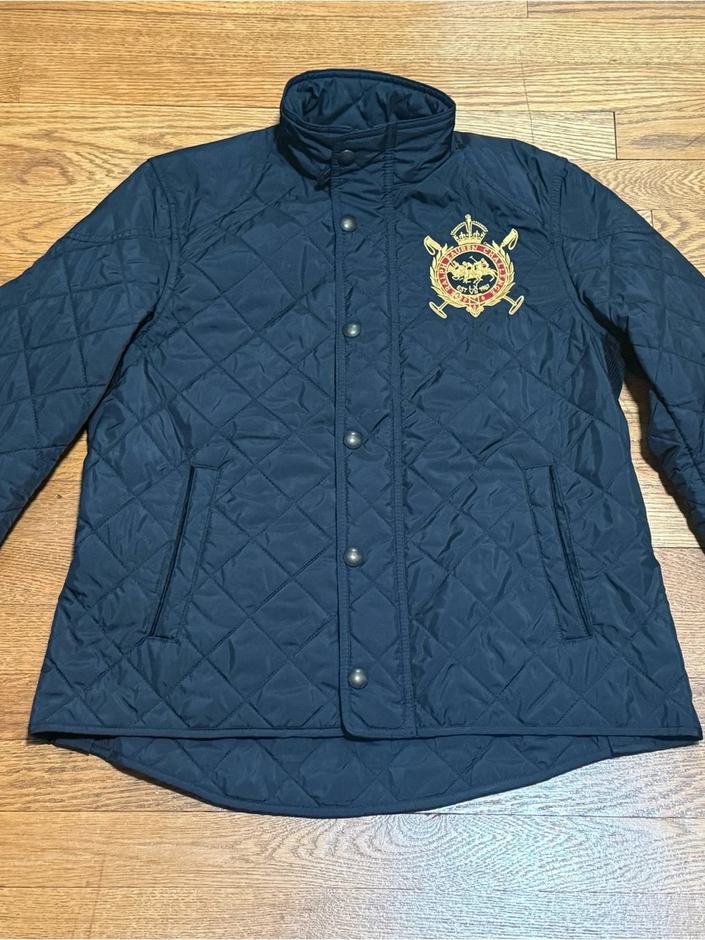 Ralph Lauren Sport Black Diamond-Quilted Riding Jacket w/Embroidered Crest Logo